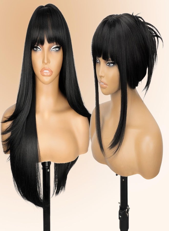 Nnzes Black 26-inch Long Wig with Bangs for Women - Straight Layered Style, Realistic Scalp, Freestyle Parting, Natural-Looking & Heat-Resistant Synthetic Hair for Daily and Party Use - Image 3